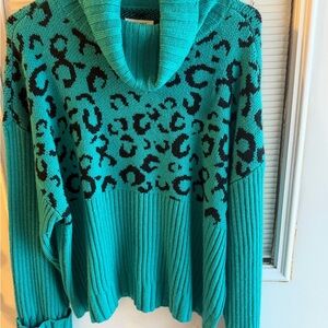 Nine West Turquoise Animal Print Cowl Neck Sweater